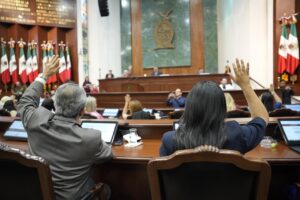 De espaldas se ve a diputados y diputadas votar levantando sus manos.