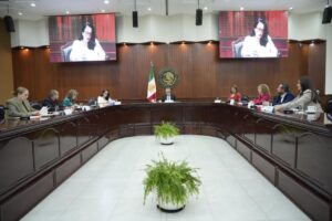 Diputados y diputadas están sentados alrededor de mesa tipo herradura.