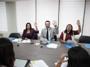 Dos diputados y un diputado de la Comisión votan levantando sus manos.