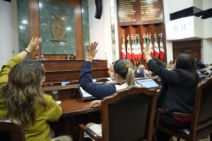 Diputadas aparecen en sus asientos levantando sus manos.