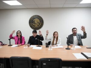 Cuatro integrantes de la Comisión votan levantando sus manos.