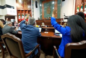 Diputados y diputadas votan levantando sus manos desde sus lugares.