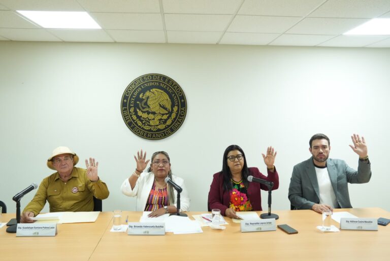Cuatro integrantes de la comisión, votan sentados levantando sus manos.